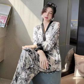 【国潮风水墨画冰丝家居服四件套】女夏薄款宽松大码睡衣复古印花套装性感蕾丝家居服