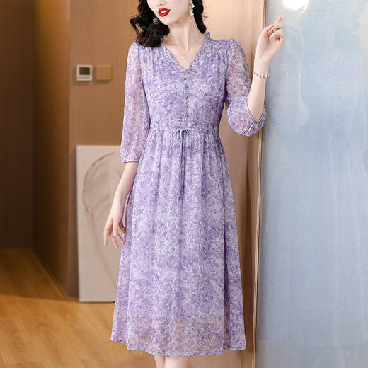 AHM-8125法式温柔风紫色碎花连衣裙新款时尚洋气甜美减龄中长裙 商品图1