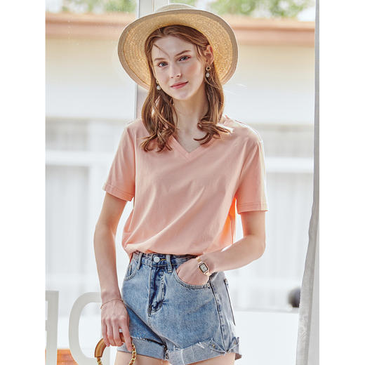 欧芮儿2021夏装新品V领短袖T恤女百搭修身显瘦纯色体恤小清新上衣 商品图6