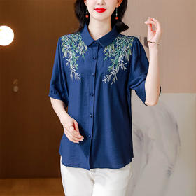 KQL-6991宽松棉麻刺绣上衣新款短袖妈妈减龄时尚遮肚显瘦衬衫