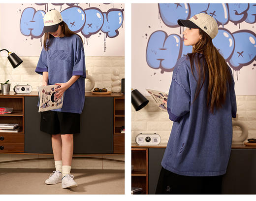 帆船 春夏 雪花重水洗 刺绣字母 复古做旧 圆领短袖T恤 男女休闲 4色 NT-2690 商品图6