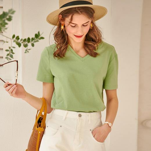 欧芮儿2021夏装新品V领短袖T恤女百搭修身显瘦纯色体恤小清新上衣 商品图3