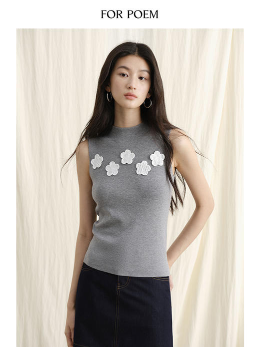 ForPoem 现货 24/SS原创设计花朵刺绣半高领修身针织无袖休闲背心 商品图0