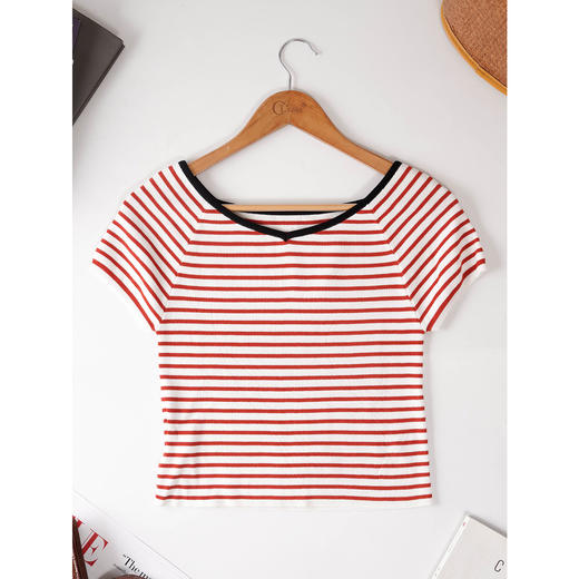 欧芮儿夏装条纹针织衫女显瘦短袖T恤女百搭上衣CSXWP916286 商品图4