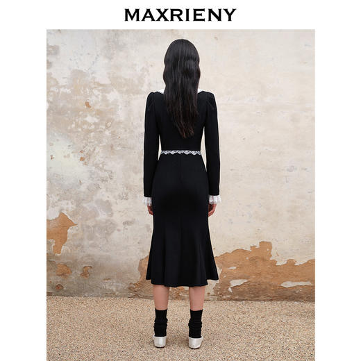 MAXRIENY法式浪漫复古翻领鱼尾连衣裙2023秋冬新款小黑裙修身裙子(货号:MS88DR511) 商品图3