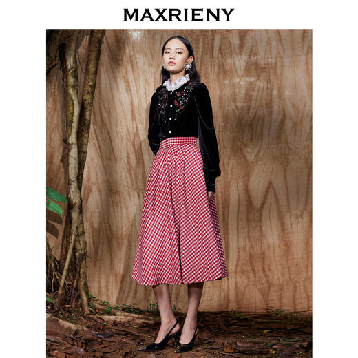 MAXRIENY复古红白格纹长裙秋冬法式高腰A字裙大摆裙春节新年穿搭(货号:MC87SK781) 商品图1