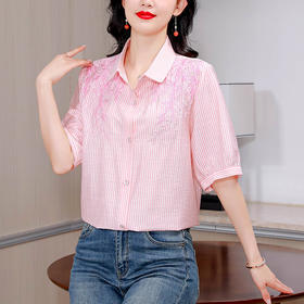 KQL-6972条纹宽松棉麻刺绣上衣夏季新款短袖妈妈减龄时尚遮肚显瘦衬衫