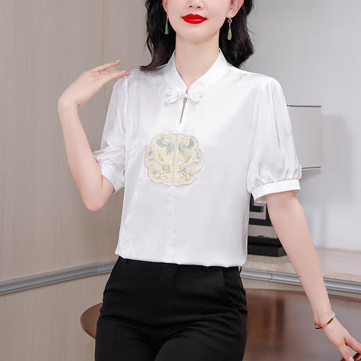 新中式国风刺绣，盘扣短袖复古衬衣KQL-A83N6984 商品图1