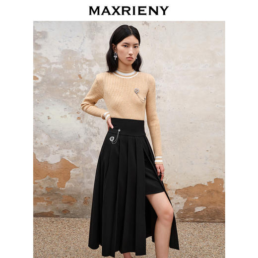 MAXRIENY精致复古氛围感高腰百褶半裙秋冬裙子小众设计感(货号:MS88SK538) 商品图1