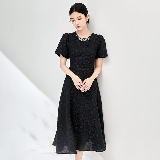 法式复古优雅，重工钉珠提花收腰显瘦短袖连衣裙WLZD-2413213 商品图0