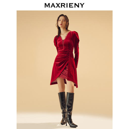 MAXRIENY红色礼服丝绒连衣裙冬款V领复古短裙子(货号:MC83DR762) 商品图1