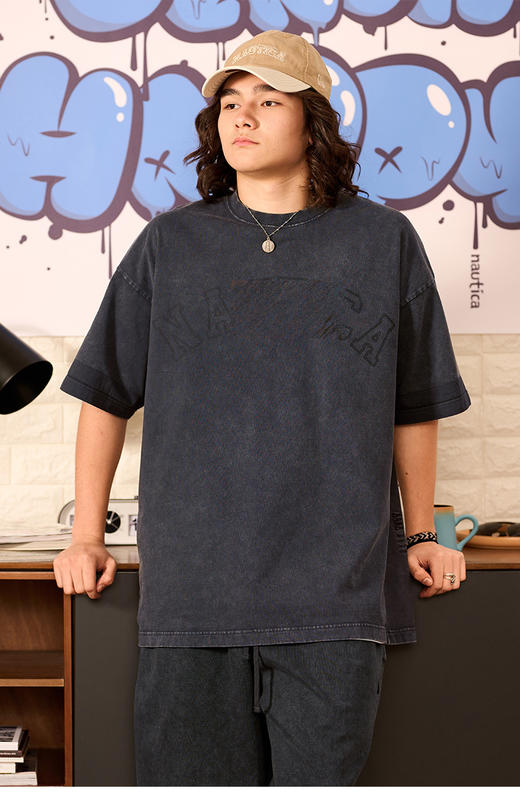 帆船 春夏 雪花重水洗 刺绣字母 复古做旧 圆领短袖T恤 男女休闲 4色 NT-2690 商品图3