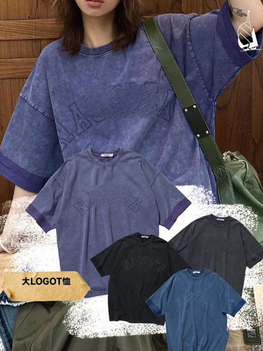 帆船 春夏 雪花重水洗 刺绣字母 复古做旧 圆领短袖T恤 男女休闲 4色 NT-2690 商品图0