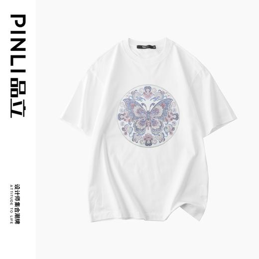PINLI品立新中式2024夏季新款蝴蝶烫钻短袖T恤男士国潮休闲体恤衫BG242111066 商品图3