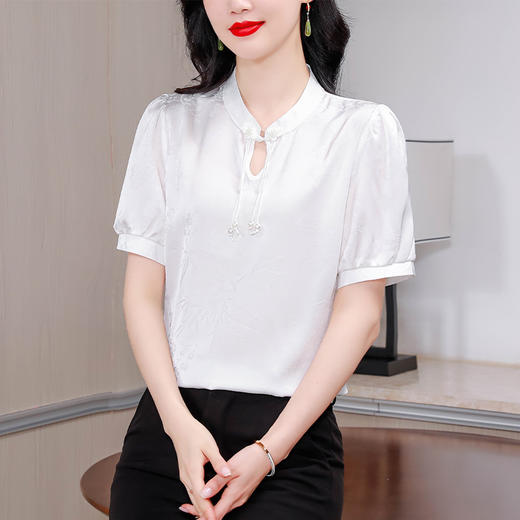 KQL-6983新中式国风立领短袖衬衫女夏季新款漂亮洋气复古盘扣雪纺上衣 商品图0