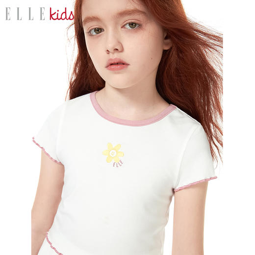 ELLEKIDS 童装 花朵系列 法式甜美细螺纹绣花短袖木耳边T恤 商品图3