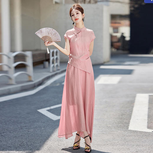 WB25139夏季上新气质时尚新中式风舒适透气修身显瘦纯色两件套裙 商品图2