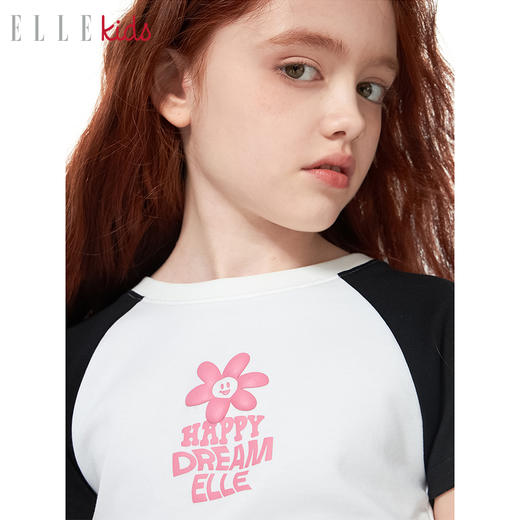 ELLEKIDS 童装 花朵系列 插肩袖花朵发泡印花皱感短袖 商品图3