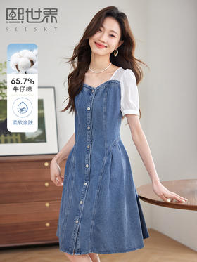 【专属特价】熙世界泡泡袖拼接牛仔连衣裙2025夏季新款气质假两件中长款裙子