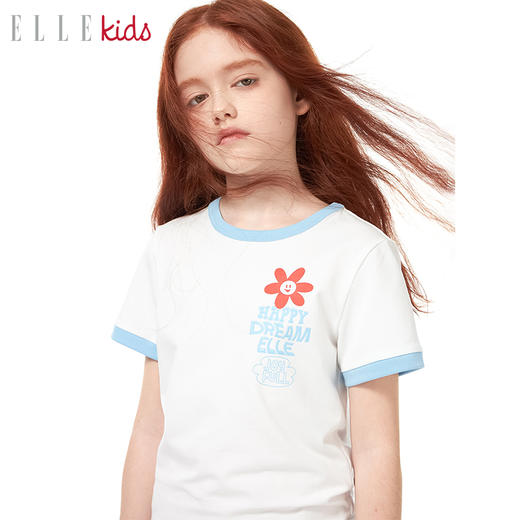 ELLEKIDS 童装 花朵系列 拼色花朵发泡印花夏季短袖T恤 商品图0