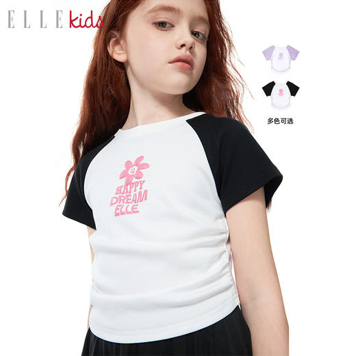 ELLEKIDS 童装 花朵系列 插肩袖花朵发泡印花皱感短袖 商品图0