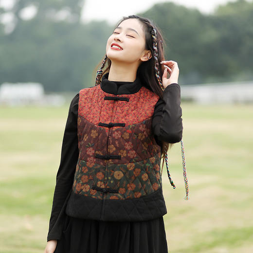 GYS606272短款棉背心2024初春新款中式复古民放撞色拼接夹棉保暖无袖棉马甲 商品图2