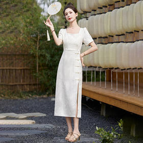 WY62509夏季上新气质时尚新中式名媛风小众设计高级感提花方领连衣裙