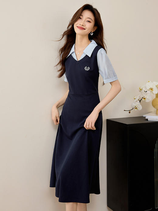 【专属特价】熙世界学院风假两件连衣裙夏2025新款短袖衬衫领拼接显瘦长裙子 商品图2
