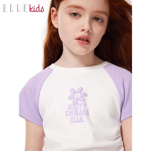 ELLEKIDS 童装 花朵系列 插肩袖花朵发泡印花皱感短袖 商品图2