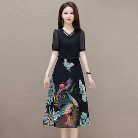 QYM-6628109假两件连衣裙夏季时尚新款短袖拼结印花裙中长款裙子