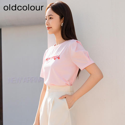 oldcolour欧珂夏季法国小众字母刺绣粉红色T恤上衣P22021355 商品图0