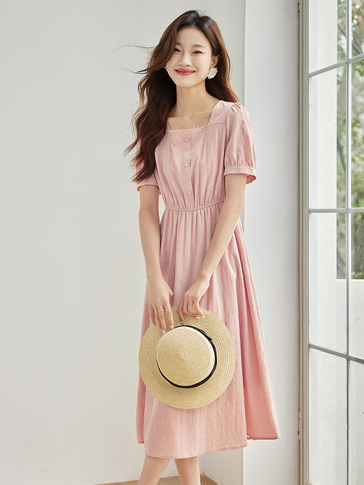 【五折购】熙世界方领连衣裙女夏2025新款蕾丝花边气质收腰纯棉裙子高级感 商品图1