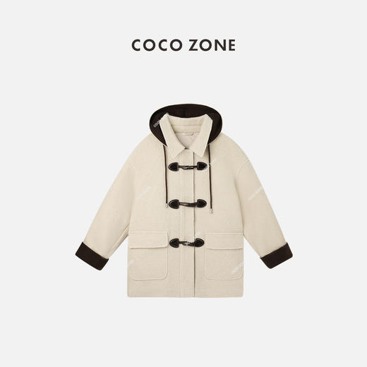 刘一一&COCO ZONE高级感撞色羊毛大衣冬季连帽毛呢外套23C30674 商品图0