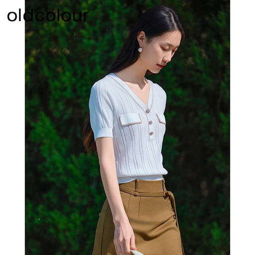 oldcolour短袖针织衫夏季新款设计感V领通勤白色上衣女P21052192 商品图1