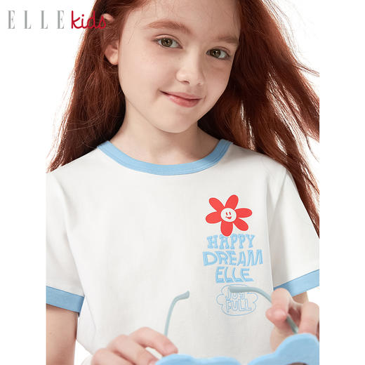 ELLEKIDS 童装 花朵系列 拼色花朵发泡印花夏季短袖T恤 商品图2