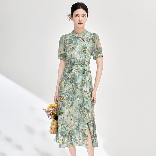 重工钉珠新中式旗袍，改良法式复古雪纺印花连衣裙WLZD-2413206 商品图0