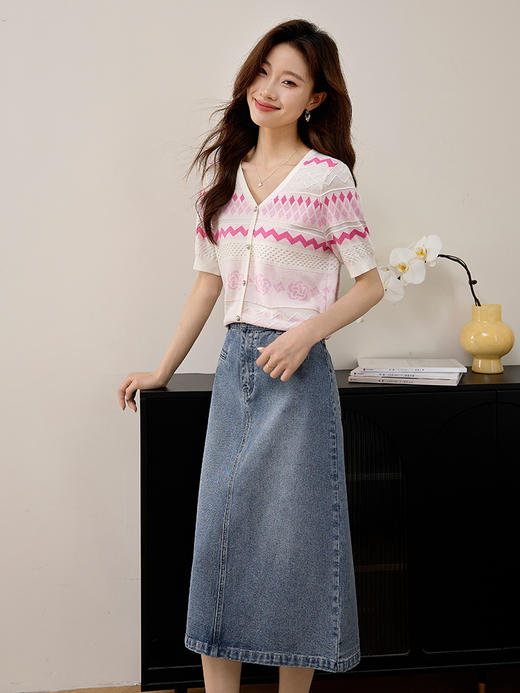 【专属特价】熙世界薄款镂空提花V领针织衫甜美气质短袖冰丝上衣2025夏新款 商品图5