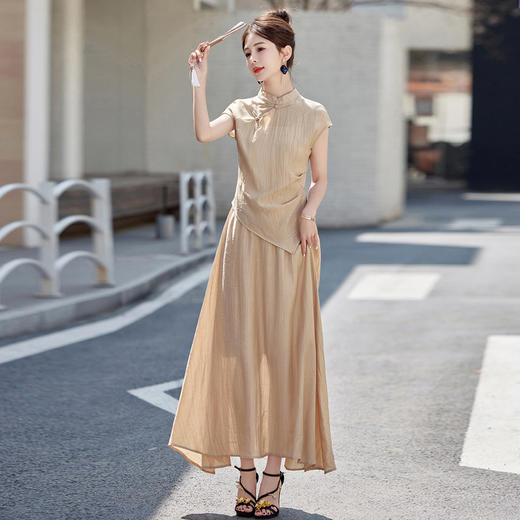 WB25139夏季上新气质时尚新中式风舒适透气修身显瘦纯色两件套裙 商品图0