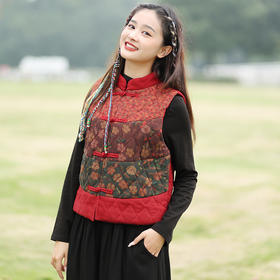 GYS606272短款棉背心2024初春新款中式复古民放撞色拼接夹棉保暖无袖棉马甲