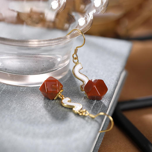 S925纯银天然南红玛瑙个性几何形耳坠耳饰CW 商品图1