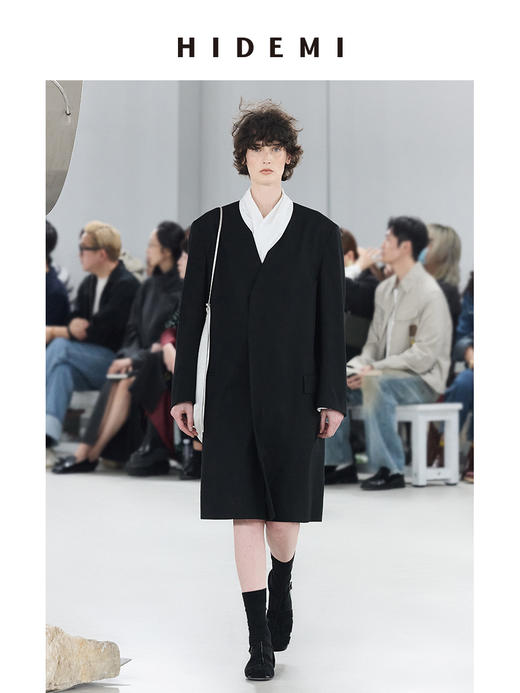 HIDEMI 黑色极简无领设计感长款男朋友廓形西装外套 商品图0