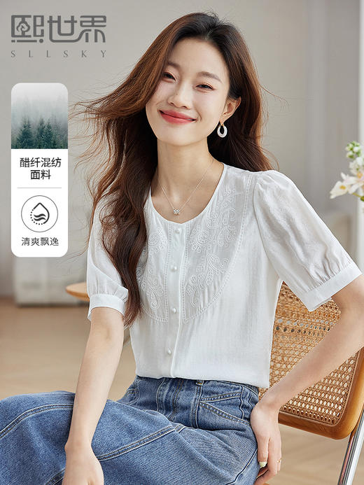 【五折购】熙世界轻国风刺绣醋酸衬衫女2025夏装新款泡泡袖新中式衬衣上衣 商品图7