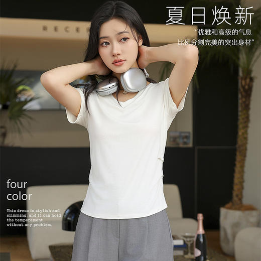 2024夏季新款褶皱收腰显瘦遮肚短袖T恤V领小衫打底上衣SZ2756 商品图2