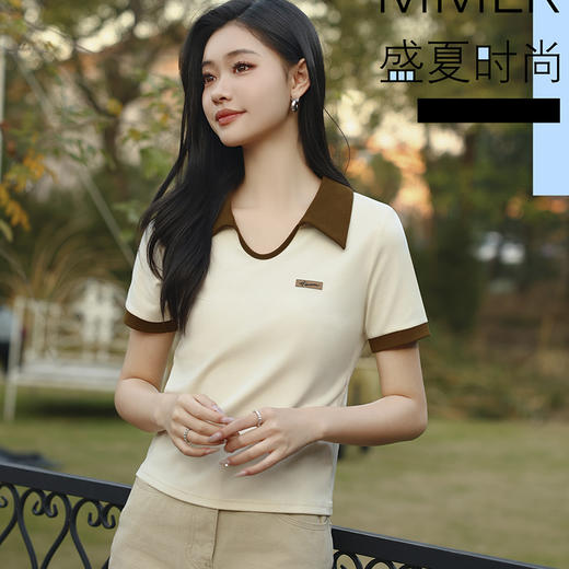 正肩polo领短袖V领宽松版T恤女士夏季设计感小众短款上衣SZ2758 商品图0