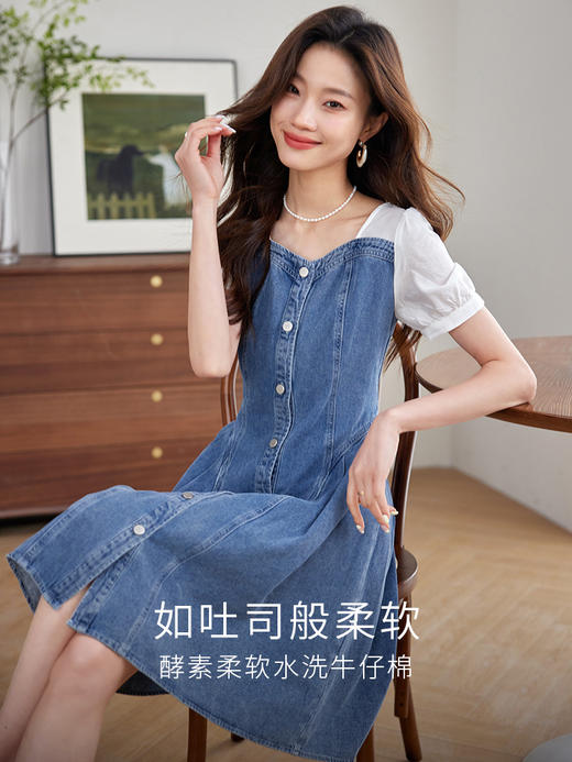 【专属特价】熙世界泡泡袖拼接牛仔连衣裙2025夏季新款气质假两件中长款裙子 商品图1