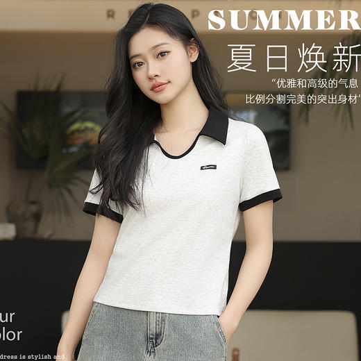 正肩polo领短袖V领宽松版T恤女士夏季设计感小众短款上衣SZ2758 商品图2