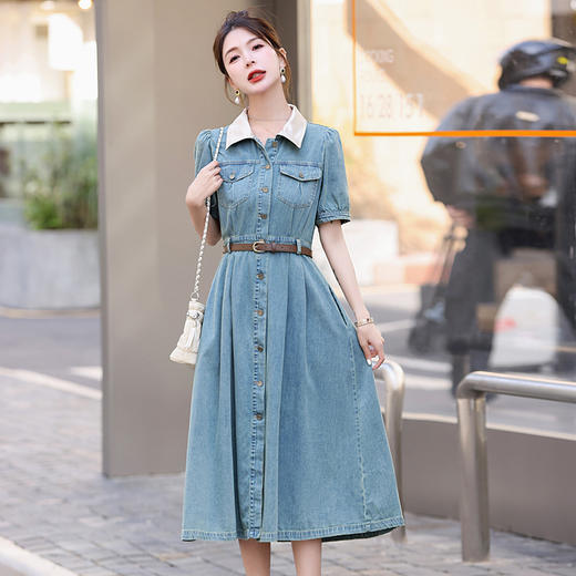HR WY96029牛仔连衣裙韩系气质时尚休闲收腰显瘦中长裙 商品图2