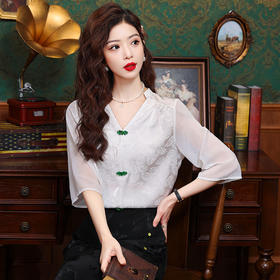 KQL-533新中式国风衬衫立领盘扣复古提花宽松显瘦设计感百搭简约上衣