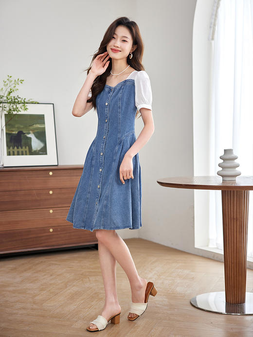【专属特价】熙世界泡泡袖拼接牛仔连衣裙2025夏季新款气质假两件中长款裙子 商品图4
