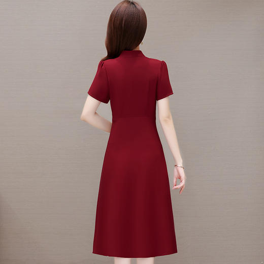 QYM-C183夏款中长款简约修身时尚红色A字裙V领短袖通勤气质连衣裙 商品图2